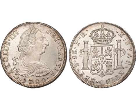  † FOREIGN COINS, Bolivia, Carlos III, 8 reales, 1780PR, Potosi, laur. bust r., rev. crowned arms (KM.55; Cal.8320), about un