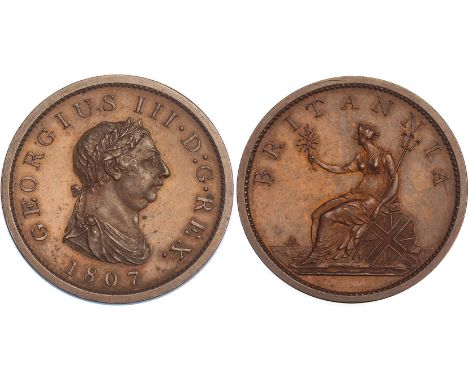 BRITISH COINS, George III, restrike proof penny, 1807, in bronzed copper, plain edge, laur. bust r., rev. Britannia std. l., 