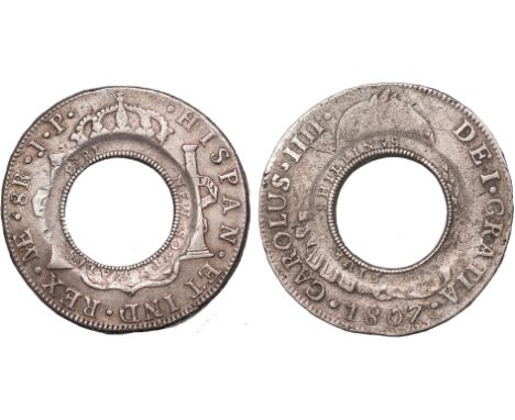 † FOREIGN COINS, Australia, ‘holey dollar’, 1813, struck on a Lima portrait 8 reales of Carlos IV, 1807JP, counterstamped FIV