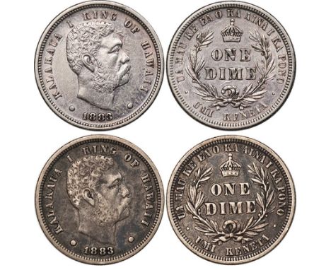  † FOREIGN COINS, Hawaii, Kalakaua, dimes, 1883 (2), bare head r., rev. crowned value within wreath (KM.3), fine and very fin
