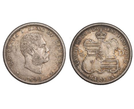 FOREIGN COINS, Hawaii, Kalakaua, quarter dollar, 1883, bare head r., rev. crowned arms divides value (KM.5), lightly toned, e