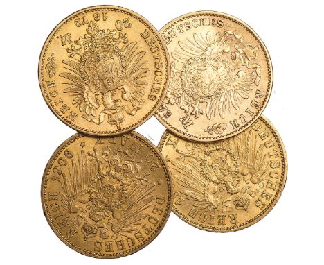  G FOREIGN COINS, Germany, Empire, Bavaria, 20 marks (2): 1872D; 1873D; Hesse-Darmstadt, 20 marks (2): 1901A; 1906A, bare hea