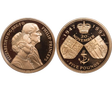 G BRITISH COINS, Elizabeth II, gold proof five pounds (crown), 1997, Golden Wedding commemorative, conjoined busts r., rev. c
