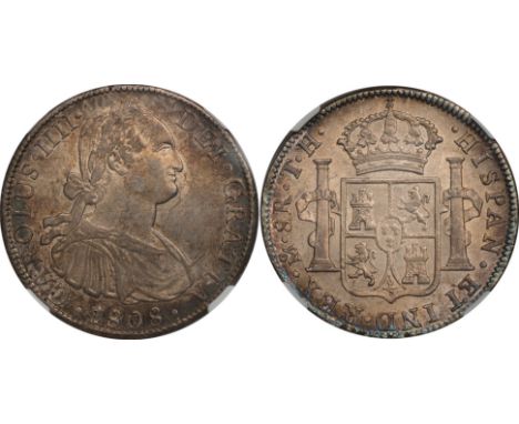 FOREIGN COINS, Mexico Carlos IV, 8 reales, 1808TH, laur. bust r., rev. crowned shield of arms (KM.109), in plastic holder, gr