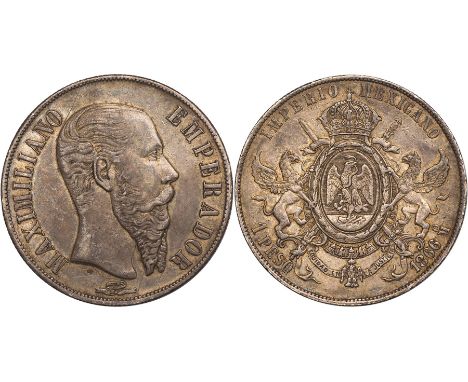 FOREIGN COINS, Mexico, Maximilian, peso, 1866MO, bare head r., rev. crowned arms with supporters (KM.388.1), toned, very fine