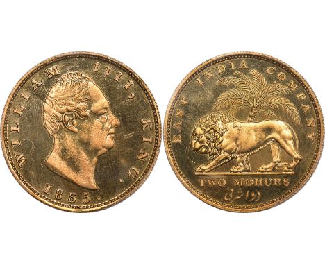 G FOREIGN COINS, India, East India Company, William IV, restrike 2 mohurs, 1835, bare head r., rev. lion and palm tree (KM.45