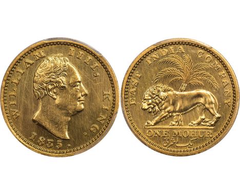 G FOREIGN COINS, India, East India Company, William IV, restrike mohur, 1835, bare head r., rev. lion and palm tree (KM.451.3