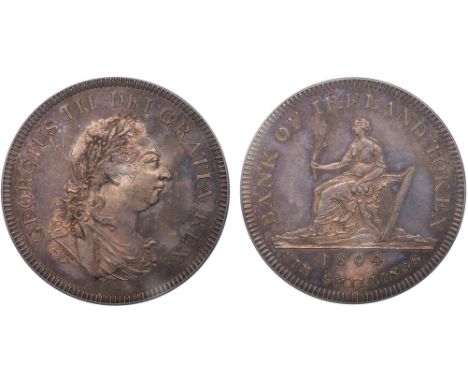 IRISH COINS, Ireland, George III, Bank of Ireland, proof six shillings, 1804, laur. bust r., rev. Hibernia std. l. with harp,