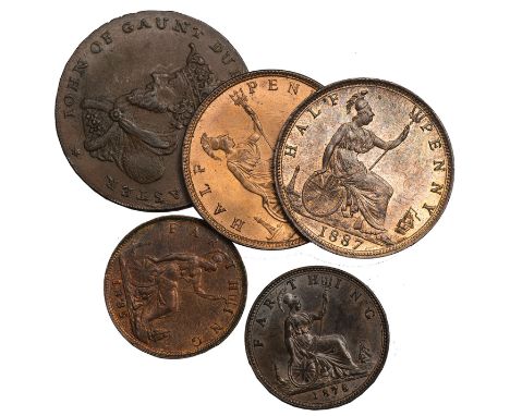 BRITISH COINS, Victoria, halfpennies (2): 1861; 1887; farthings (2): 1878; 1885, young bust l., rev. Britannia std. r. with s