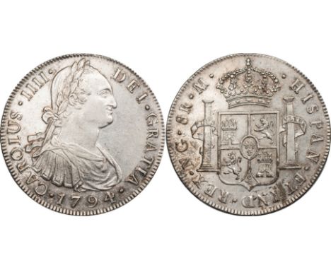  † FOREIGN COINS, Guatemala, Carlos IV, 8 reales, 1794M, Nueva Grenada, dr. laur. bust r., rev. crowned shield of arms betwee