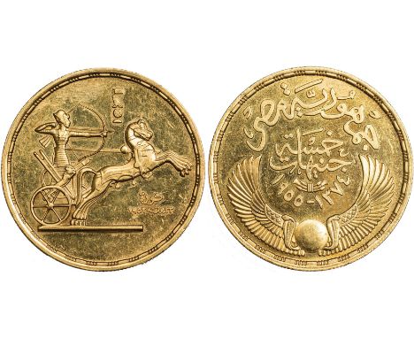G FOREIGN COINS, Egypt, First Republic, five pounds, AH.1374 (1955), denomination and dates above wings, rev. archer in horse