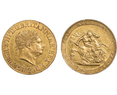 G A SELECTION OF SOVEREIGNS, George III, sovereign, 1820, large date, open 2, laur. head r., rev. St. George and the dragon (