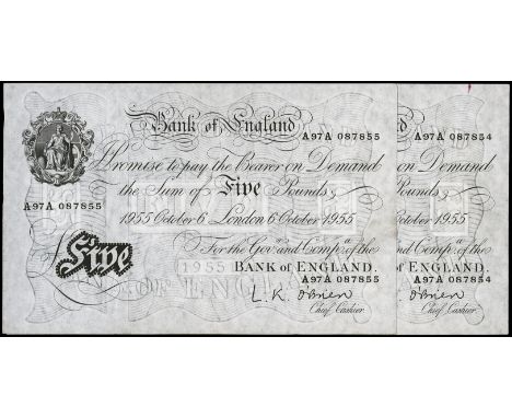 BANKNOTES, BRITISH NOTES, Bank of England, L. K. O’Brien, five pounds, 6 October 1955 (2): A97A 087854/087855 (Dugg. B.276), 
