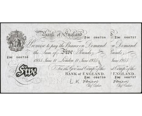 BANKNOTES, BRITISH NOTES, Bank f England, L. K. O’Brien, five pounds, 11 June 1955 (2): Z96 066757/ 066758 (Dugg. B.275), goo