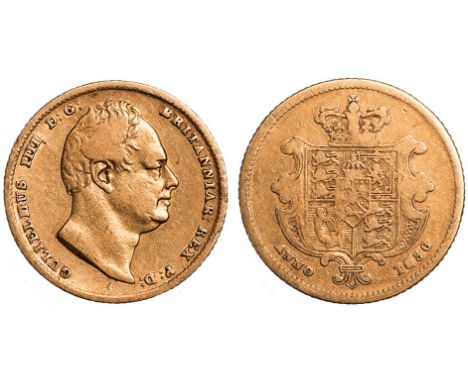 G BRITISH COINS, William IV, half sovereign, 1836, obverse struck from sixpence die in error, bare head r., rev. crowned shie