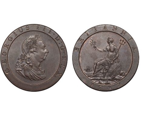 BRITISH COINS, George III, penny, 1797, 10 leaves in wreath, laur. and cuir. bust r., rev. Britannia seated l. with shield an