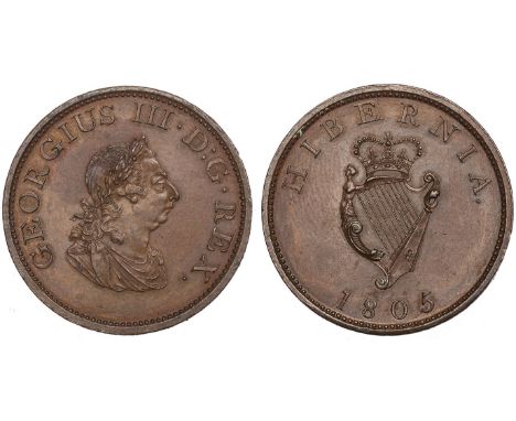 IRISH COINS, Ireland, George III, proof halfpenny, 1805, in bronzed copper, laur. and dr. bust r., rev. HIBERNIA, crowned har
