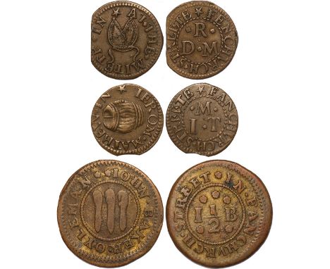 SEVENTEENTH CENTURY TOKENS, London, Fenchurch Street (17): W.B., farthing, At The Angel Tavern (W.976); John Baker, halfpenny