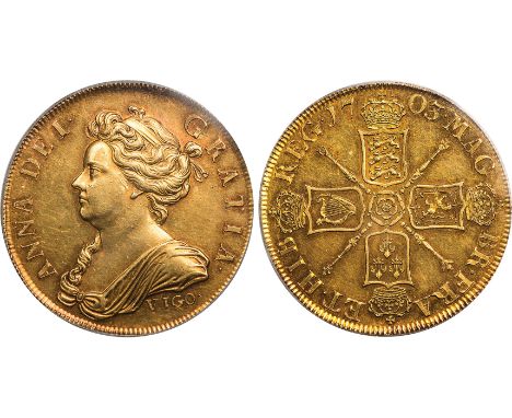 BRITISH COINS, Anne, five guineas, 1703, SECVNDO, VIGO below bust, dr. bust l., rev. crowned cruciform shields with rose at c