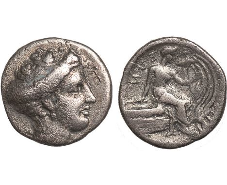 ANCIENT COINS, GREEK COINS, Euboia, Histiaia (mid 4th century BC), silver tetrobol, head r., rev. nymph seated r. on galley, 