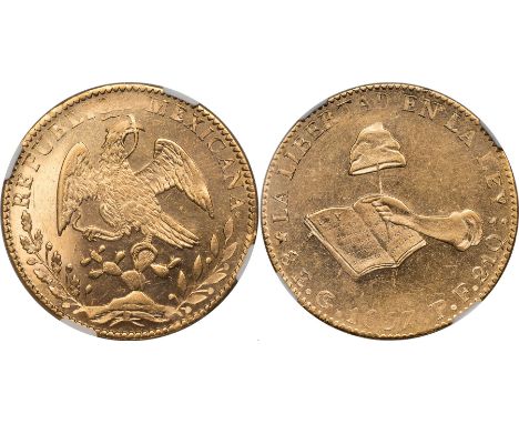  † FOREIGN COINS, Mexico, First Republic, 8 escudos, 1857GO PF, Guanajuato, facing eagle, snake in beak, rev. hand holding ca