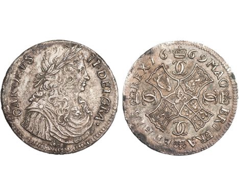 SCOTTISH COINS, Scotland, Charles II, merk, 1669, laur bust r., thistle below, rev. cruciform shields, crowned interlinked Cs