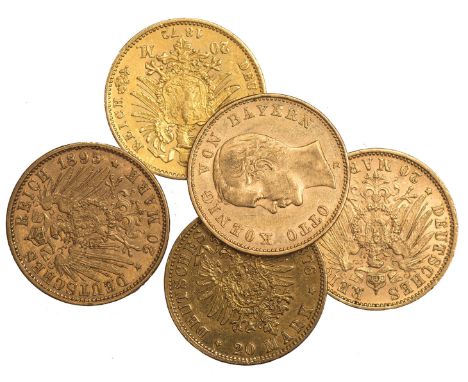 G FOREIGN COINS, Germany, Empire, Bavaria, 20 marks (5): 1872D; 1876D; 1895D (3), bare head r./l., rev. crowned eagle with sh
