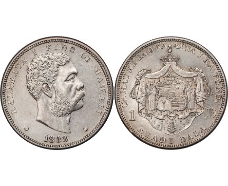  † FOREIGN COINS, Hawaii, Kalakaua, dollar, 1883, bare head r., rev. crowned shield with supporters on crowned mantle (KM.7),