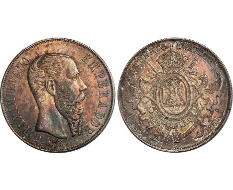 FOREIGN COINS, Mexico, Maximilian, peso, 1866MO, bare head r., rev. crowned arms with supporters (KM.388.1), speckled tone, g