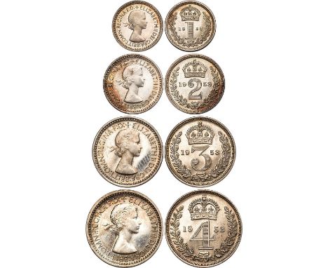 BRITISH COINS, Elizabeth II, Maundy set, 1953, laur. head r., rev. crowned mark of value within wreath (S.4126; ESC.2570), ab