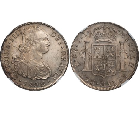  † FOREIGN COINS, Chile, Carlos IV, 8 reales, 1802SO JJ, laur. bust r., rev. crowned arms between pillars (KM.51), lightly to