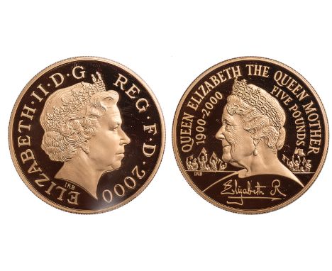 G BRITISH COINS, Elizabeth II, gold proof five pounds (crown), 2000, Queen Mother centenary year, diademed head r., rev. bust