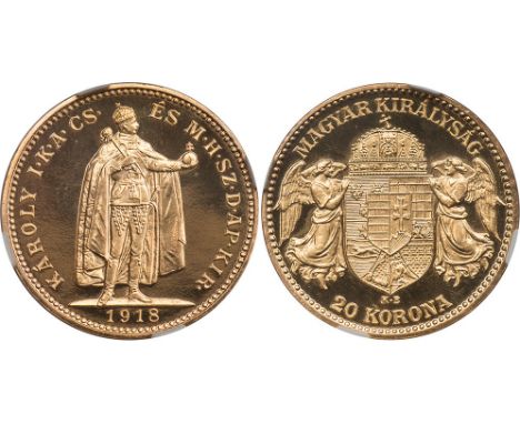 FOREIGN COINS, Hungary, 20 korona, dated 1918 but 2010 restrike, emperor Karl I standing facing looking r., rev. crowned shie