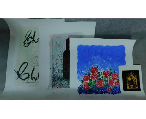 A collection of four signed coloured lithographs. One titled 'roses without thorns', indistinctly signed, two of Chateau roug