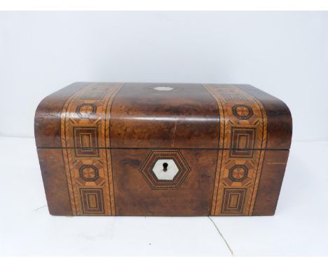 An antique walnut and satinwood inlaid jewellery box with mother of pearl hexagonal plaques. 25x12.5 