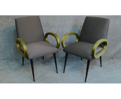 A pair of vintage style bridge armchairs in damask upholstery on splayed dancette style supports. H.85cm 