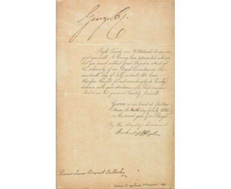 George IV (King of England, 1762-1830). Document signed, 'George R.', Carlton House, 10 July 1821, a lithographically pre-pri
