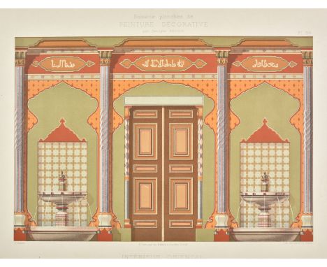 Interior Design. A mixed collection of approximately eighty-five prints,19th century , chromolithographs of interiors, curtai