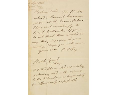 Fox (Charles James, 1749-1806). Autograph letter signed, 'C.J. Fox', Stable Yard, Friday, paper watermarked 1804, docketed 18