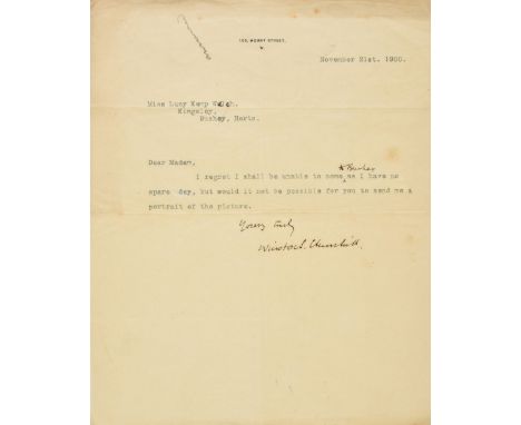 (Winston Leonard Spencer, 1874-1965). Typed letter signed "Winston S Churchill", 105 Mount Street, [London], 21 November 1900