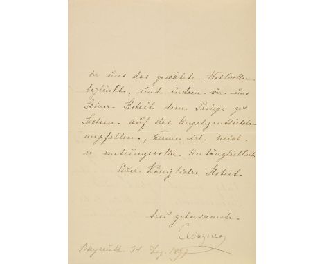 Wagner (Cosima, 1837-1930). Autograph letter signed, 'C. Wagner', Bayreuth, 31 December 1897, to Princess Herrmann of Saxe-We