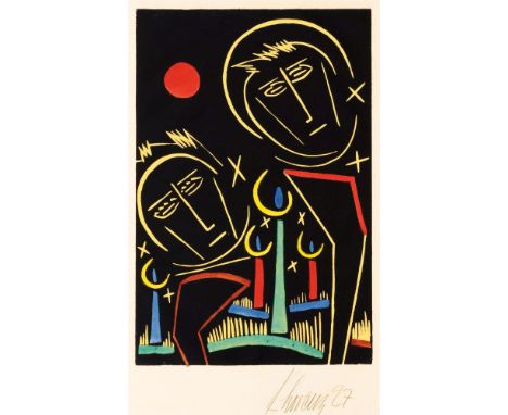 Karl Lorenz (Hamburg 1888 - Hamburg 1961). Kerzenträger. 1927. Aquarellierter Holzschnitt. 47,5 x 32 cm. R. u. mit Bleistift 