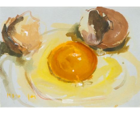 Friedel Anderson (Oberhausen 1954). Großes Spiegelei. 1996. Gouache. 13 x 18 cm. L. u. monogr. und dat. FA 15.3.96, unter Gla