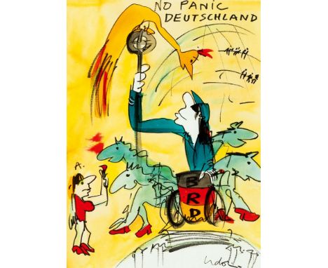 Udo Lindenberg (Gronau/Westfalen 1946). No Panic Deutschland. 2009. Unikat. Aquarell über Filzstift. 55 x 41 cm. R. u. sign. 