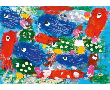Eun-Nim Ro (Jeonju/Südkorea 1946 - Hamburg 2022). Fische. 2003. Öl und Acryl/Papier. 50 x 70 cm. L. u. sign. und dat. Eun-Nim