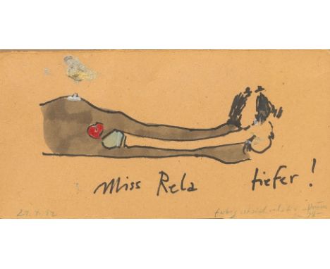 Horst Janssen (Hamburg 1929 - Hamburg 1995). Miss Relatiefer. 1992. Filzstift, Aquarell und Lack/Karton. 16,5 x 31 cm. R. u. 