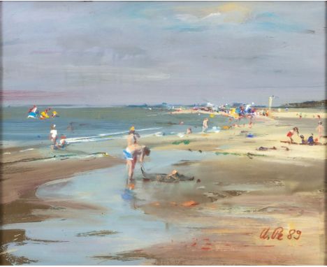 Ulf Petermann (Brunsbüttel 1950). Am Strand. 1989. Gouache und Pastell/Karton. 22 x 27,5 cm. R. u. monogr. und dat. U. Pe 89,