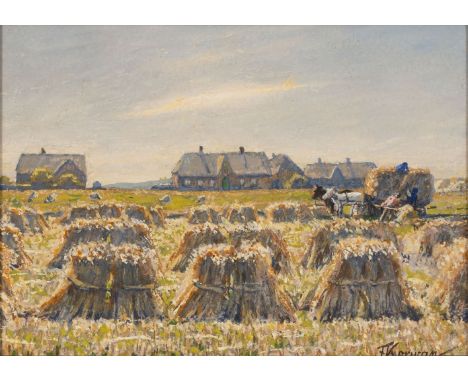 Franz Korwan (Heinebach 1865 - Noé 1942). Erntezeit auf Sylt. Tempera. 20 x 28 cm. R. u. sign. F. Korwan.   - Landschafts- un