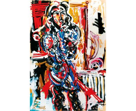 Leon Löwentraut (Kaiserslautern 1998). Naomi. 2018. Acryl über Pigmentdruck/Bütten. 130 x 88,5 cm. L. u. handmonogr. und dat.