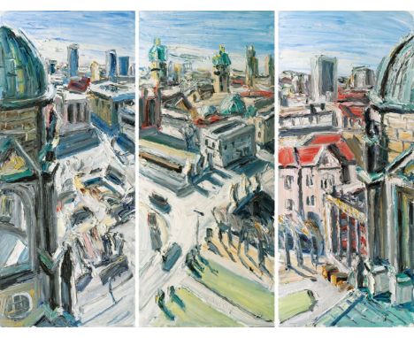Christopher Lehmpfuhl (Berlin 1972). Triptychon - Ansichten von Berlin. 2007. Öl/Lw. Je 257 x 110 cm, zusammen 257 x 330 cm. 